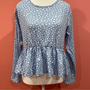 WEDNESDAYS GIRL Blue Printed Long-Sleeve Peplum Top